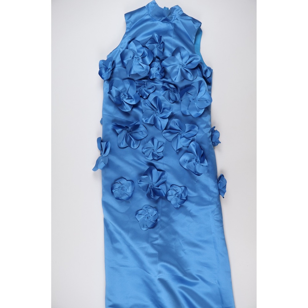 Wear Your Love 3D Floral Applique Maxi Dress Blue Satin Mock Neck Formal NWT